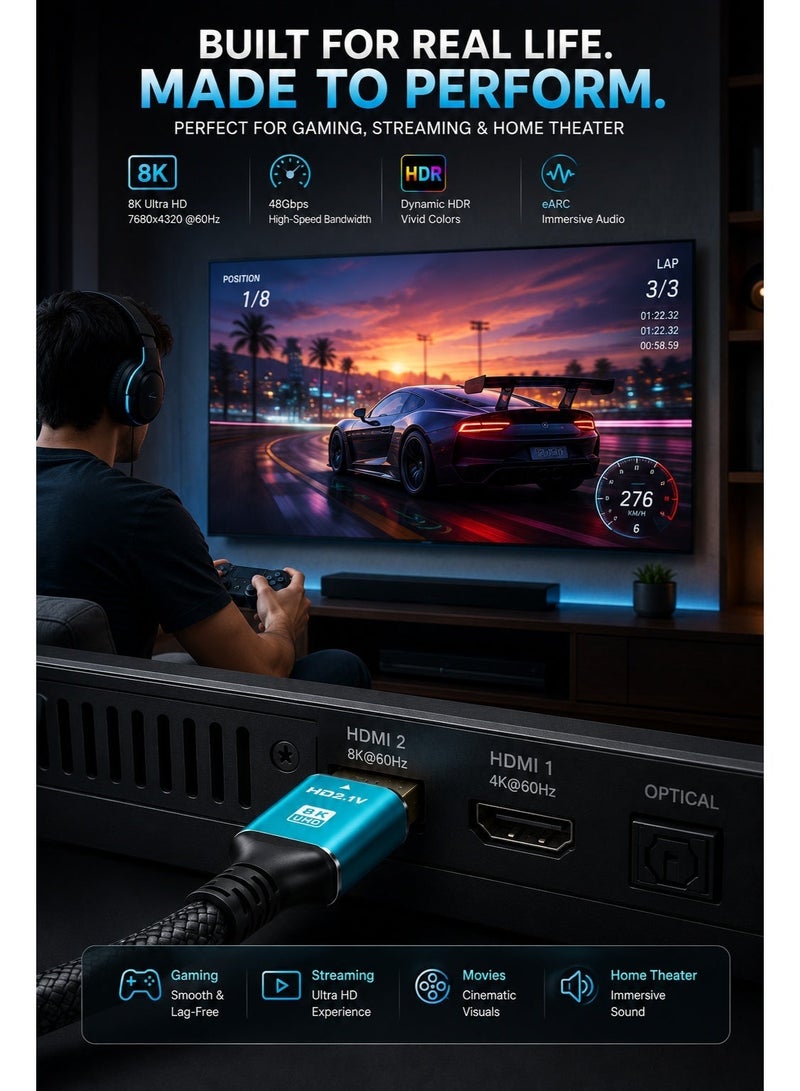 Gamix 8K Ultra HD HDMI 2.1V Cable 1.5M – Premium High Speed 48Gbps HDR Support for Smart TV, Laptop, Monitor & Projector - Image 4