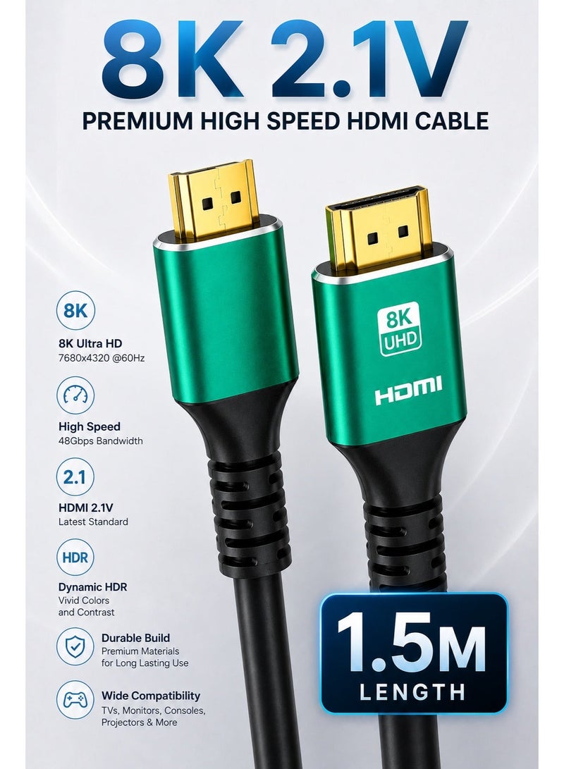 Gamix 8K Ultra HD HDMI 2.1V Cable 1.5M – Premium High Speed 48Gbps HDR Support for Smart TV, Laptop, Monitor & Projector - Image 1