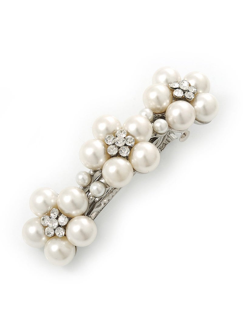 Avalaya Large Bridal Wedding Prom Silver Tone Crystal Simulated Pearl Triple Flower Barrette Hair Clip Grip  10cm Across 