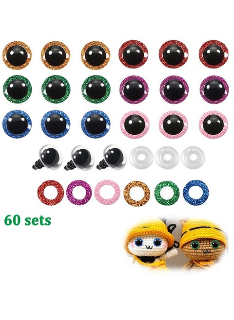 Doll Eyes with Washers, 60 Pcs Plastic Safety Crochet Eyes and 60 Pcs Glitter Paper Circles and 60 Pcs Washers, for Crochet Crafts Washer Assorted Sizes for Doll, Plush Animal and Teddy Bear Puppet