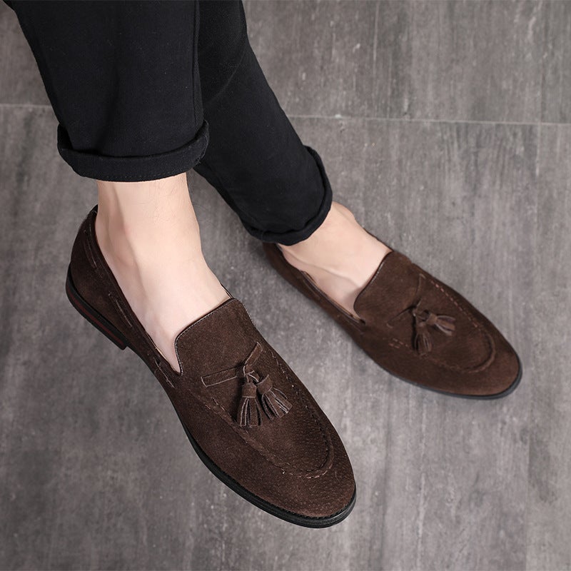 Autumn and winter new velvet matte hair stylist casual shoes British nightclub all-match tassel one-foot slip-on leather shoes men brown 42 - Image 4