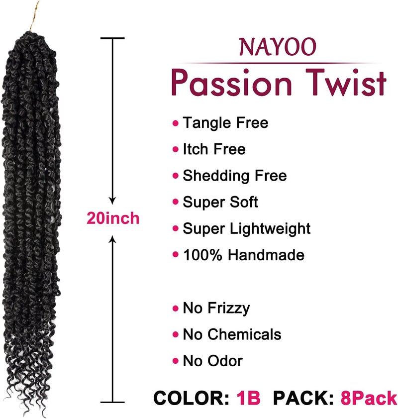 NAYOO Passion Twist Hair - 8 Packs 20 Inch Passion Twist Crochet Hair For Women, Crochet Pretwisted Curly Hair Passion Twists Synthetic Braiding Hair Extensions (20 Inch 8 Packs, 1B) - Image 2