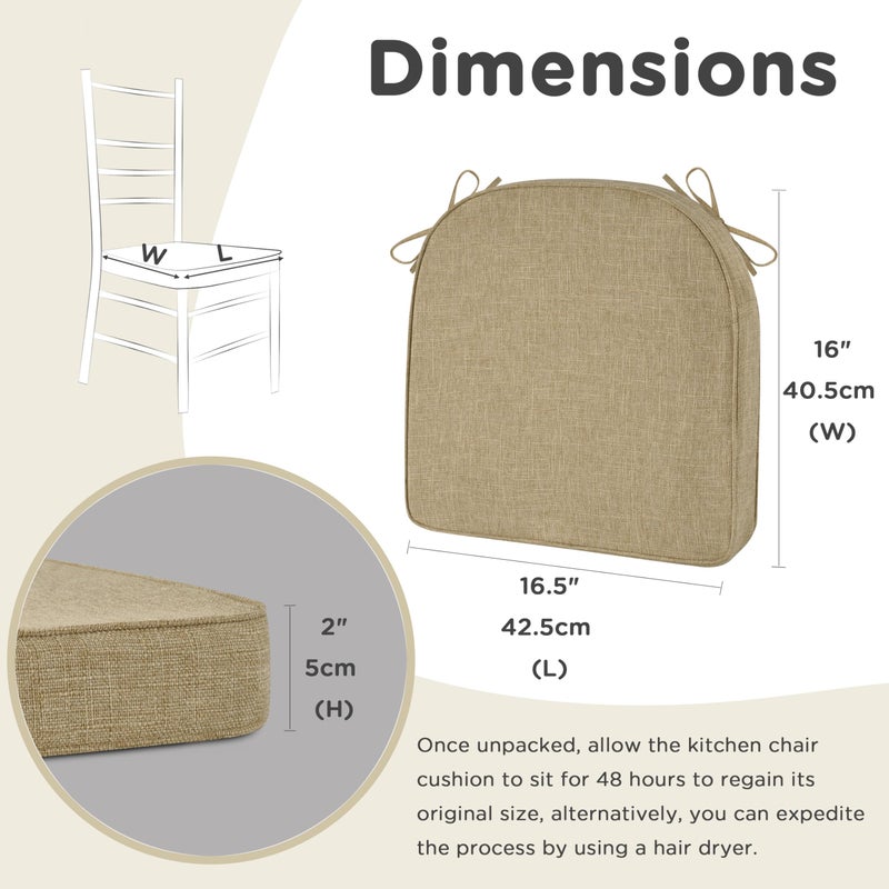 AddGrace Kitchen Chair Cushions Non-Slip Dining Chair Cushions with Machine Washable Cover Indoor D-Shaped Kitchen Seat Pads with Ties 16.5" x 16" x 2" Set of 1 Beige - Image 2