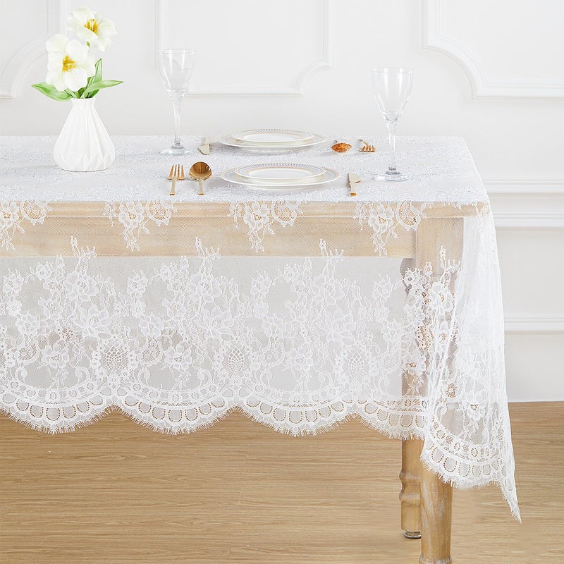 B.Cool BCOOL White Lace Tablecloth 5 Pieces 60x120 Inch Fall Embroidered Table Cloth Wedding Overlay Tablecloths for Thanksgiving Day Party Solid Rectangular Table Decorations Christmas