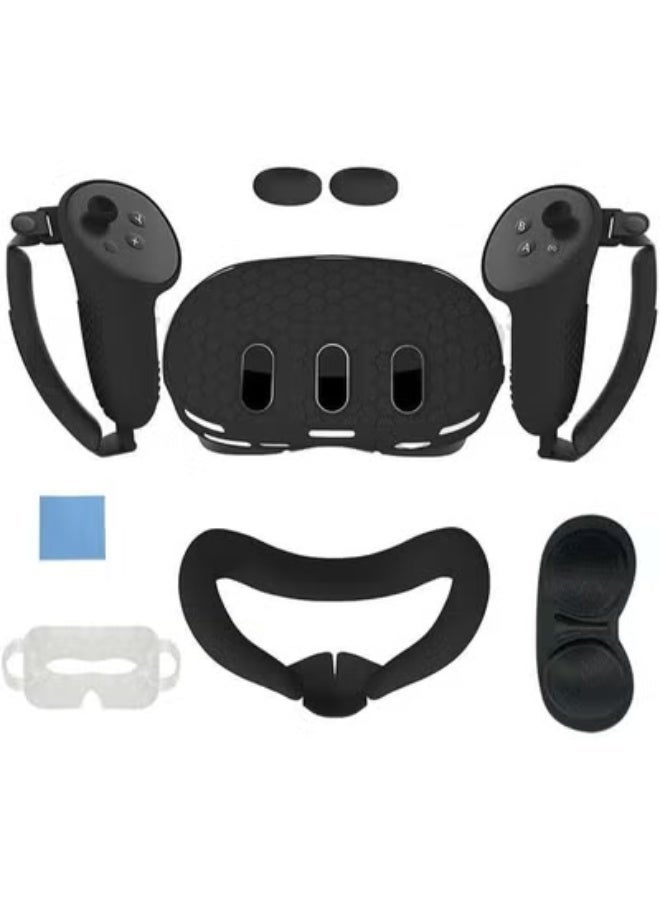 فكرة جراب حماية 7 في 1 من السيليكون لميتا كويست 3 (2023) واقي لمجموعة التحكم لذراع التحكم ونظارة الوجه من فكرة (لون أسود) - Image 1