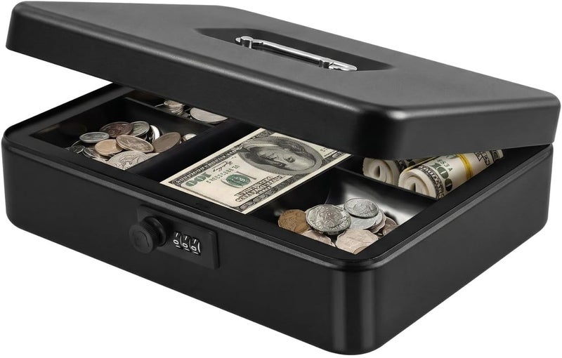 Flexzion Cash Box with Key Lock and Money Coin-Tray Steel Money Lock Box Safe Storage Security Locker, Small Portable Steel Counter Cashier Drawer Spring Loaded Clips for Bills, Checks, Jewelry - Image 1