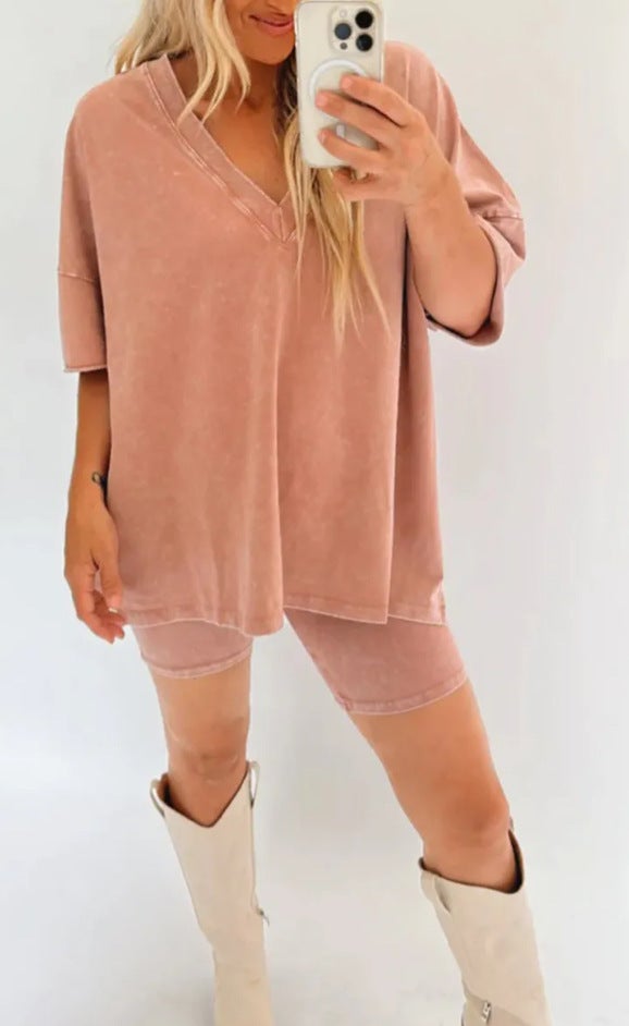 Chic V-Neck Denim Look Womens Casual Tee  Shorts Set Orange Red - Image 1