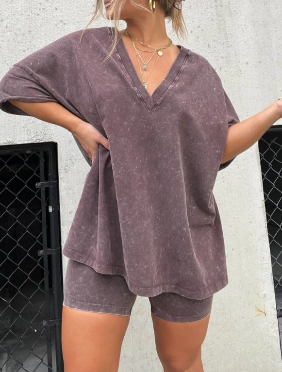 Chic V-Neck Denim Look Womens Casual Tee  Shorts Set Orange Red - Image 3