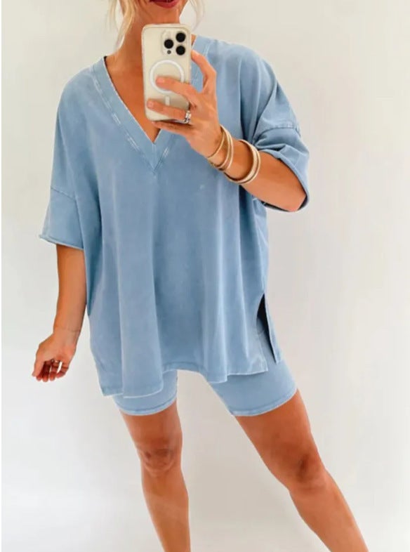 Chic V-Neck Denim Look Womens Casual Tee  Shorts Set Orange Red - Image 2