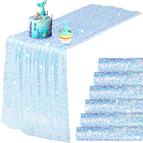 Remagr 6 Pcs Iridescent Blue Sequin Table Runner 12 x 72 Inch Mermaid Table Runner Glitter Sequin Sparkly Desk Cover for Wedding Birthday Party Ceremony Supplies Decor - Image 1
