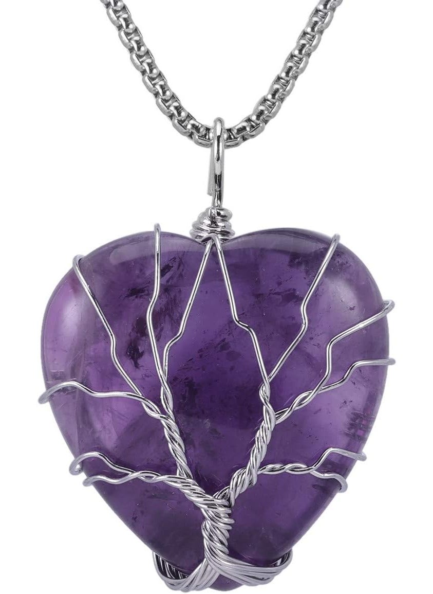 SUNYIK SUNYIK Natural Amethyst Crystal Pendant Necklace for Women, Handmade Copper Wire Wrapped Heart Love Healing Reiki Crystal Jewelry 