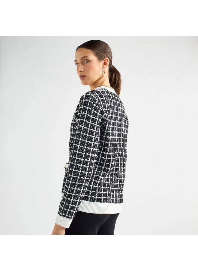 Splash FAV Checked V-Neck Cardigan with Button Closure and Pockets