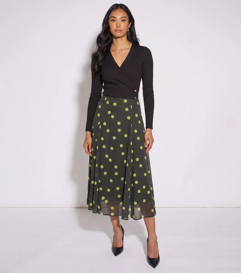 Green Lime Spot Satin Godet Midi Skirt