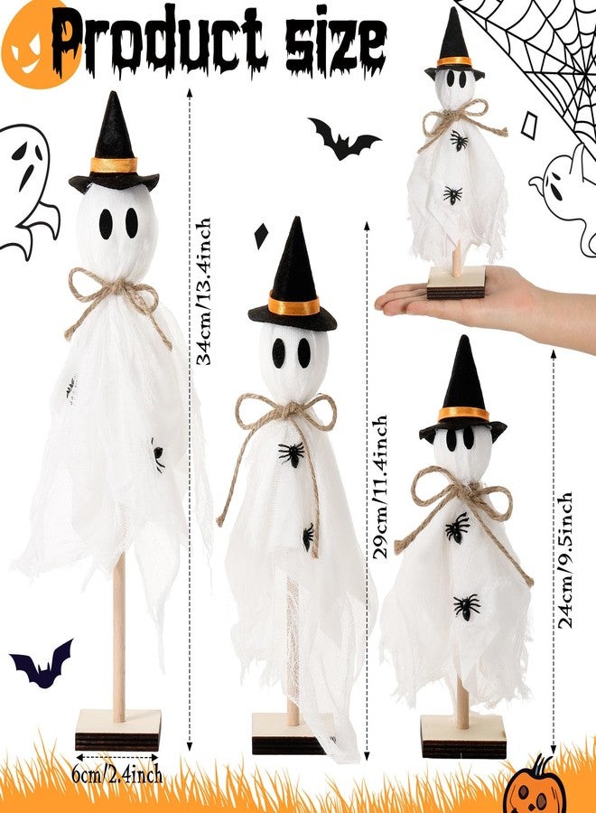 Tellegloww 3 Pcs Halloween Witch Ghost Indoor Decorations Halloween Ghost on Wooden Stand Table Centerpieces with Witch Hat Spider for Desk Fireplace Mantle Shelves Party - Image 2