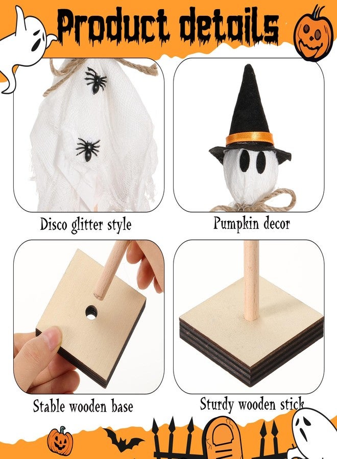 Tellegloww 3 Pcs Halloween Witch Ghost Indoor Decorations Halloween Ghost on Wooden Stand Table Centerpieces with Witch Hat Spider for Desk Fireplace Mantle Shelves Party - Image 3