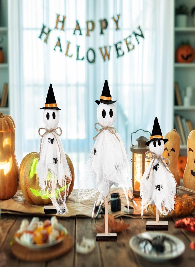 Tellegloww 3 Pcs Halloween Witch Ghost Indoor Decorations Halloween Ghost on Wooden Stand Table Centerpieces with Witch Hat Spider for Desk Fireplace Mantle Shelves Party - Image 4