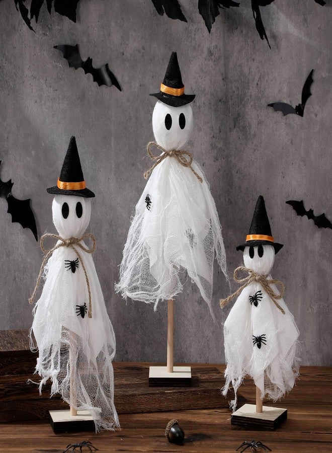 Tellegloww 3 Pcs Halloween Witch Ghost Indoor Decorations Halloween Ghost on Wooden Stand Table Centerpieces with Witch Hat Spider for Desk Fireplace Mantle Shelves Party - Image 1