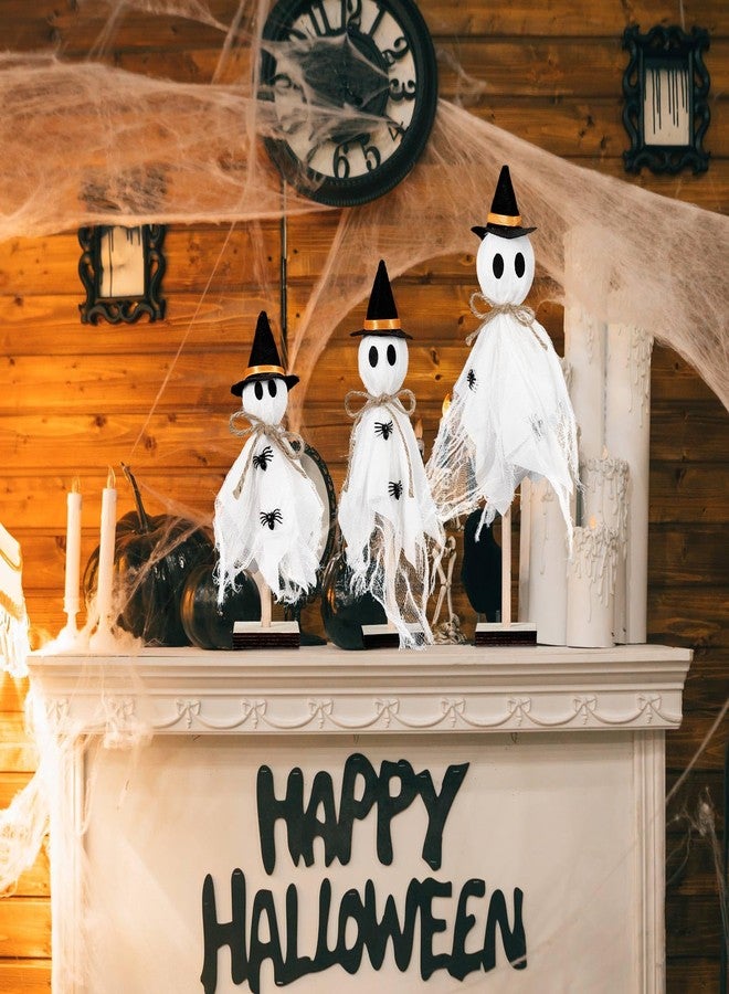 Tellegloww 3 Pcs Halloween Witch Ghost Indoor Decorations Halloween Ghost on Wooden Stand Table Centerpieces with Witch Hat Spider for Desk Fireplace Mantle Shelves Party - Image 5