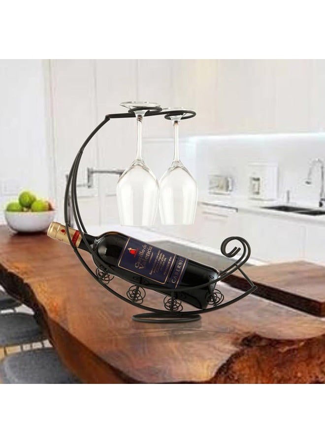 Homya Desktop Wrought Iron Wine Bottle Holder High Stand Vertical Countertop Wine Glass Display Rack, Desktop Wine Glass Holder, Can Hold 1 Bottles and 2 Cups, Electroplating Process Black - Image 3
