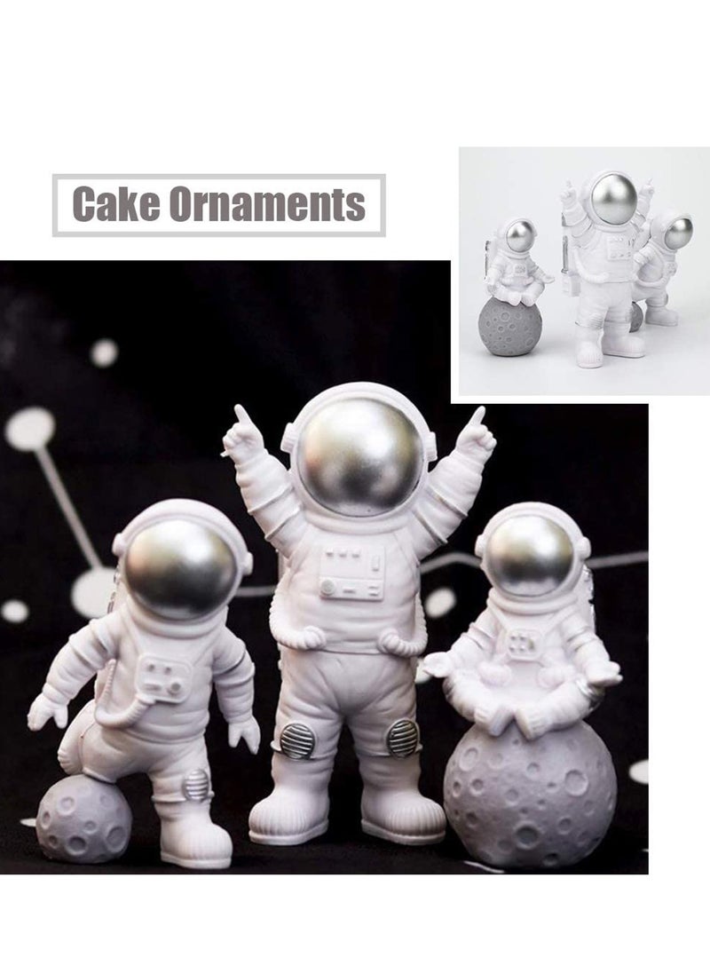 SYOSI - 3 Pcs Astronaut Figurines Cake Topper Outer Space Spaceman Action Figure Statue Tabletop Ornament Miniature Astronaut Figures for Outer Space Birthday Cake Decoration, Silver - Image 1