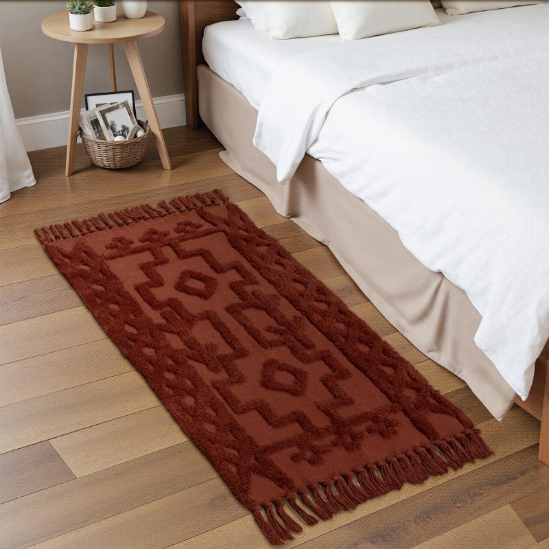 Uphome Boho Bathroom Runner Rug 2' x 4.3', Washable Woven Cotton Bedroom Runners, Terracotta Aesthetic Tufted Entryway Runner Rugs, Bohemian Tribal Throw Rug for Bedside Living Room Laundry Kitchen - Image 2