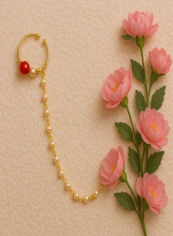 Bhumi Creation Traditional Gold-Plated Pearl Nose Ring with Red Bead and Chain, Indian Bridal Nath Jewellery - Image 2