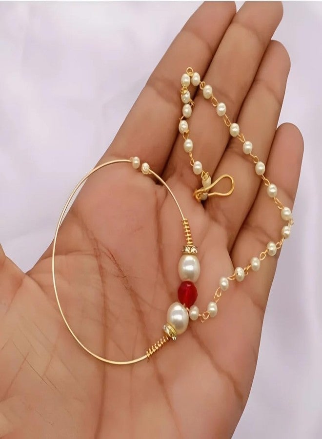 Bhumi Creation Traditional Gold-Plated Pearl Nose Ring with Red Bead and Chain, Indian Bridal Nath Jewellery - Image 4