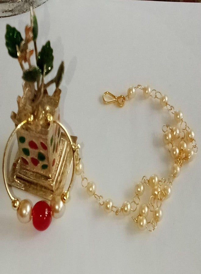 Bhumi Creation Traditional Gold-Plated Pearl Nose Ring with Red Bead and Chain, Indian Bridal Nath Jewellery - Image 3