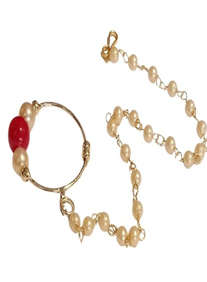 Bhumi Creation Traditional Gold-Plated Pearl Nose Ring with Red Bead and Chain, Indian Bridal Nath Jewellery - Image 1