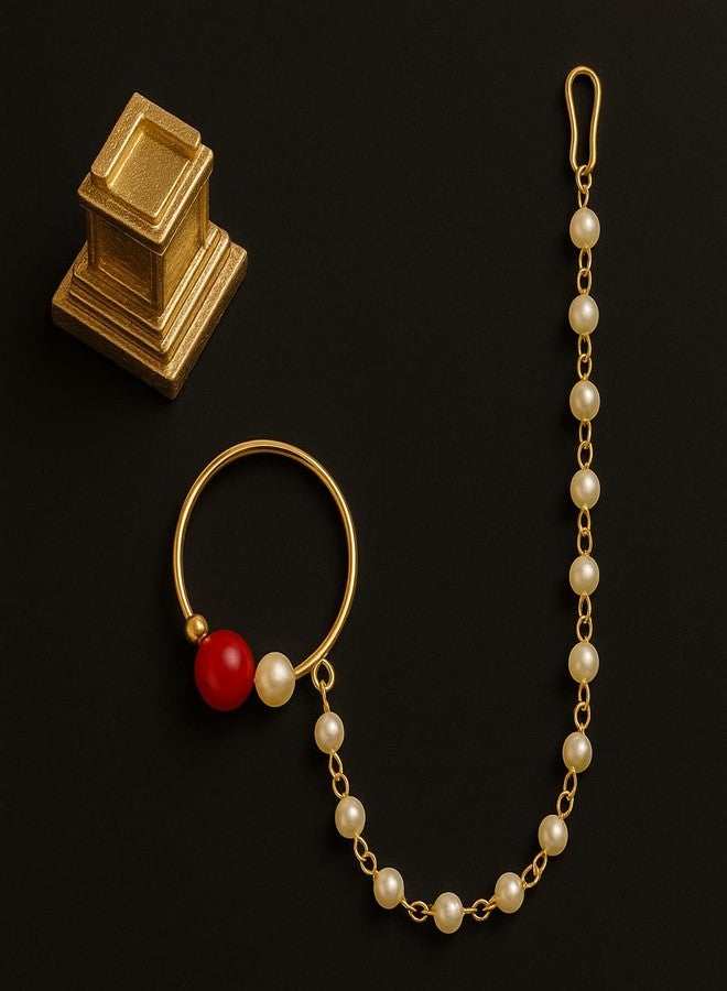 Bhumi Creation Traditional Gold-Plated Pearl Nose Ring with Red Bead and Chain, Indian Bridal Nath Jewellery - Image 5