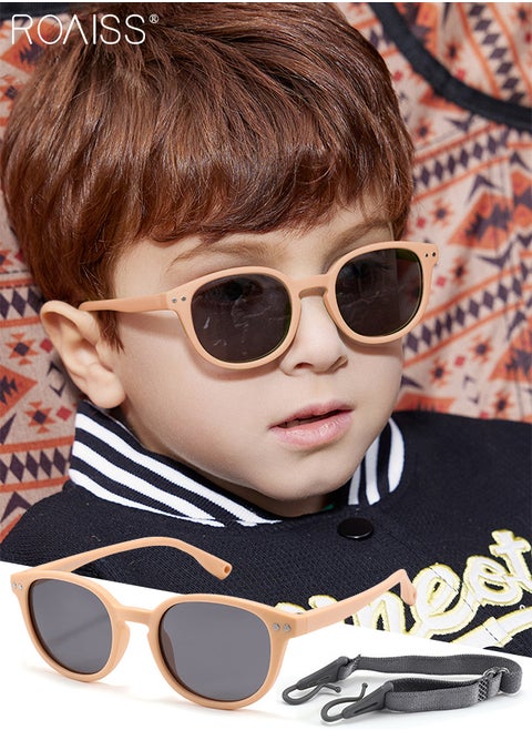 Oval Polarized Sunglasses for Babies, UV400 Protection Cute Beach Holiday Sun Glasses with Lightweight Flexible TPEE Frame and Elastic Strap for Boys Girls Age 0-3, Light Brown