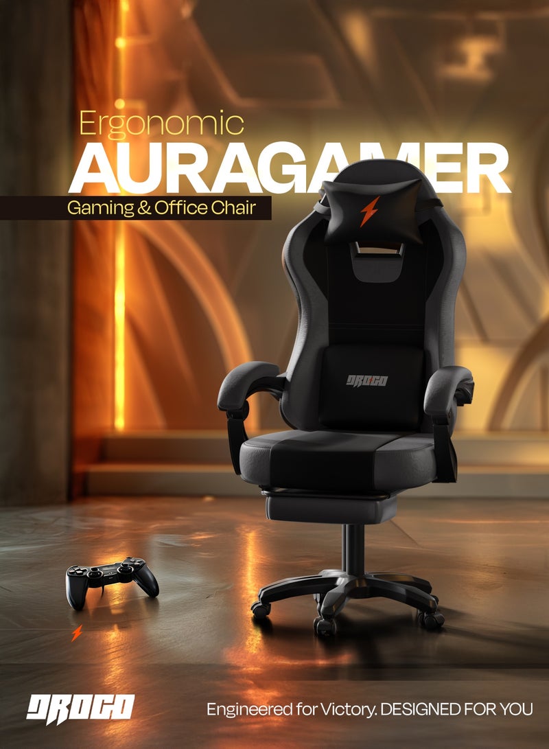 دراجو كرسي ألعاب أورا المريح، مصنوع من جلد PU فاخر، مزود بمساند ذراع قابلة للتعديل، ووسادة للرقبة والظهر قابلة للتعديل | كرسي ألعاب فيديو | كرسي كمبيوتر للدراسة | كراسي مكتبية للعمل من المنزل مع إمكانية الإمالة، أسود ورمادي داكن - Image 2