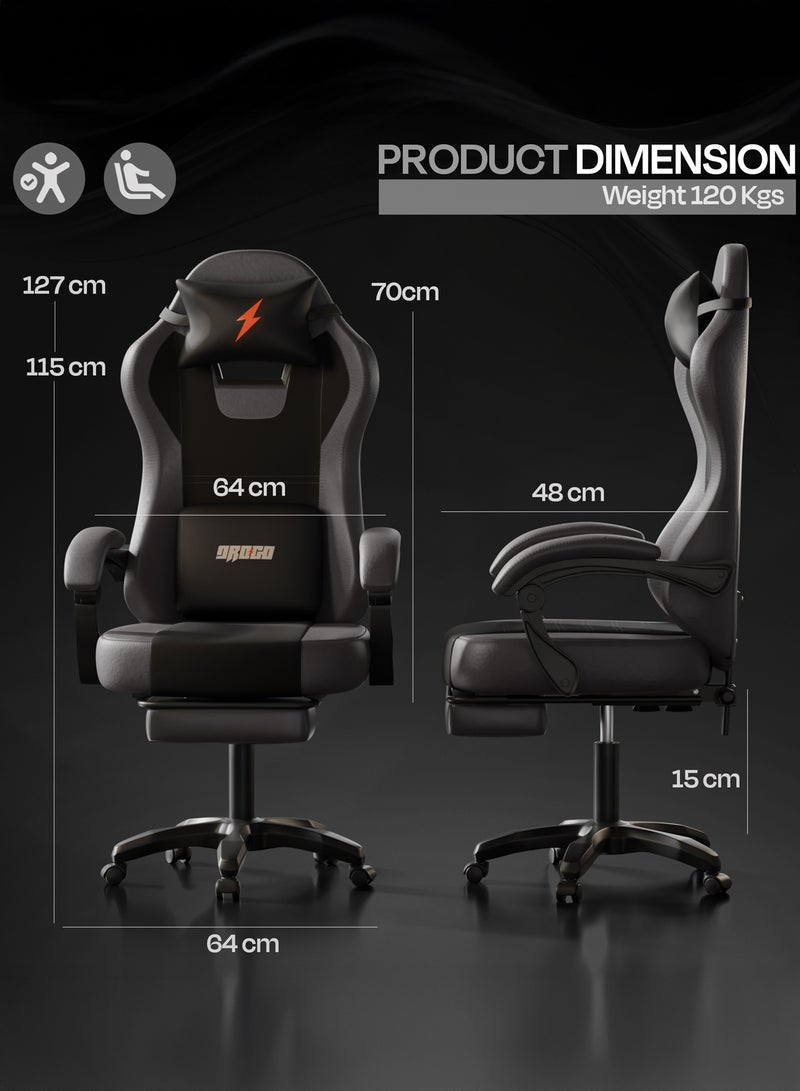 دراجو كرسي ألعاب أورا المريح، مصنوع من جلد PU فاخر، مزود بمساند ذراع قابلة للتعديل، ووسادة للرقبة والظهر قابلة للتعديل | كرسي ألعاب فيديو | كرسي كمبيوتر للدراسة | كراسي مكتبية للعمل من المنزل مع إمكانية الإمالة، أسود ورمادي داكن - Image 3