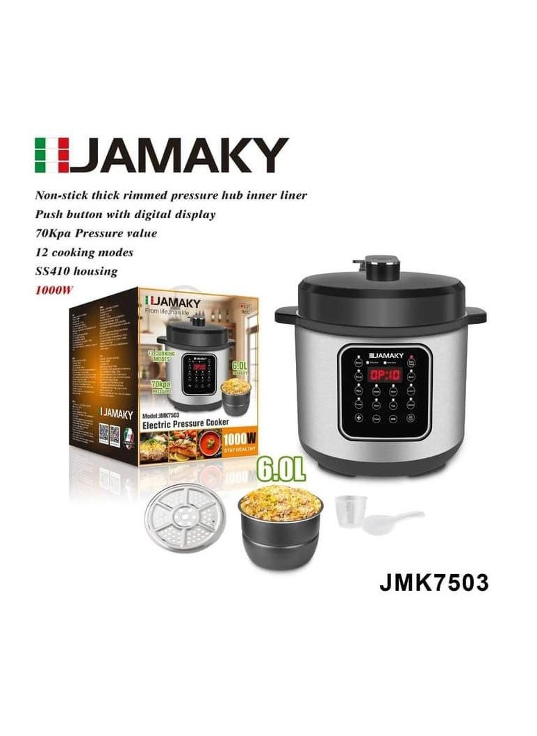 Jamaky Italy - حلة ضغط متعددة الوظائف من جاماكي  من الستانلس ستيل 6 لتر / 1000 وات  تحتوي على برامج متعددة وفقًا للطعام المراد طهيه ، بما في ذلك اللحوم والدواجن والخضروات والبخار وظيفة الحفاظ على الدفء والمؤقت ، قابلة للبرمجة مع وظيفة الحفاظ على الدفjmk 7503 - Image 1