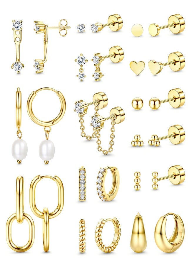 Jstyle 14K Gold Plated Earrings Women Hypoallergenic Cartilage Earrings Set for Multiple Piercing Trendy Huggie Hoop Earring Lightweight Earring Stacks Small Cute Pearl CZ Studs Hoops Gold Tone - Image 1