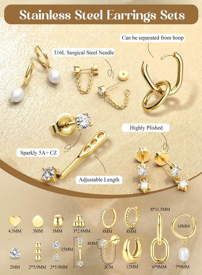 Jstyle 14K Gold Plated Earrings Women Hypoallergenic Cartilage Earrings Set for Multiple Piercing Trendy Huggie Hoop Earring Lightweight Earring Stacks Small Cute Pearl CZ Studs Hoops Gold Tone - Image 5