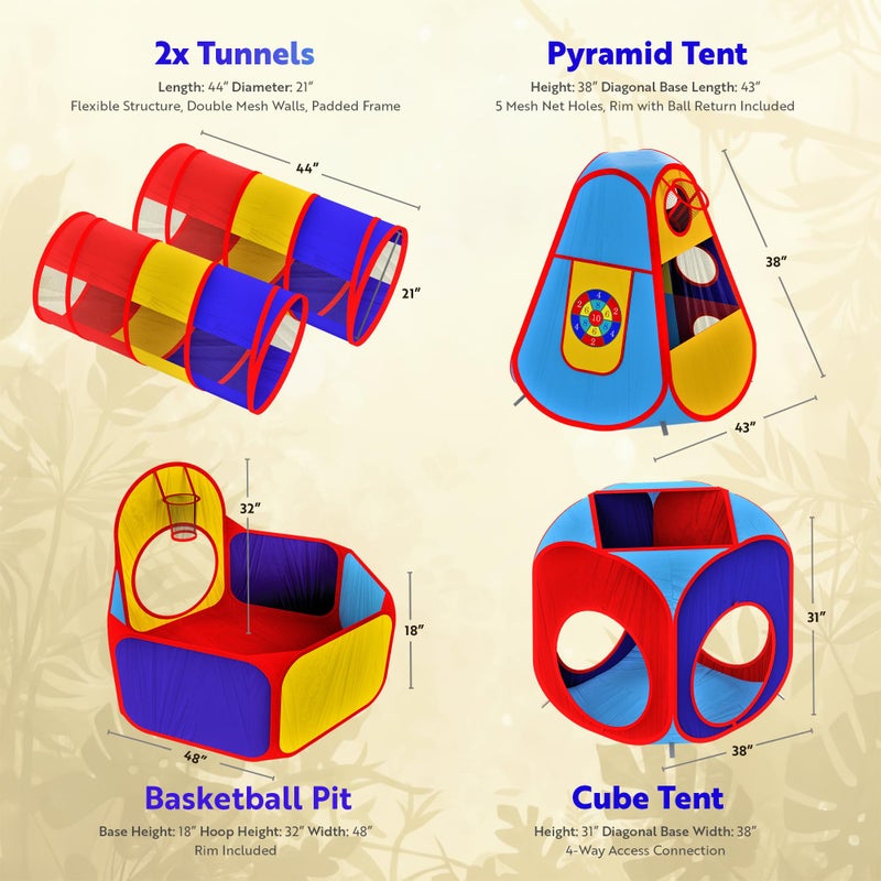 Playz 5pc Kids' Play Tents & Tunnels - Ball Pit for Toddlers, Basketball Hoop, Crawling Tubes, Pop-Up Playhouses, Baby Obstacle Course for Indoor or Outdoor Use - Image 2