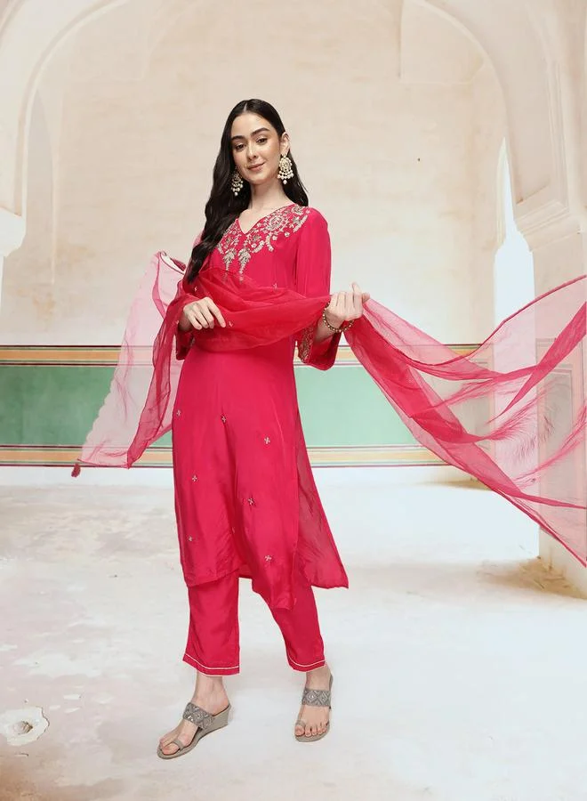 ISHIN Women's Pink Poly Crepe Printed Tunic Top With Ankle Palazzo Straight 3 Peice Kurta Set