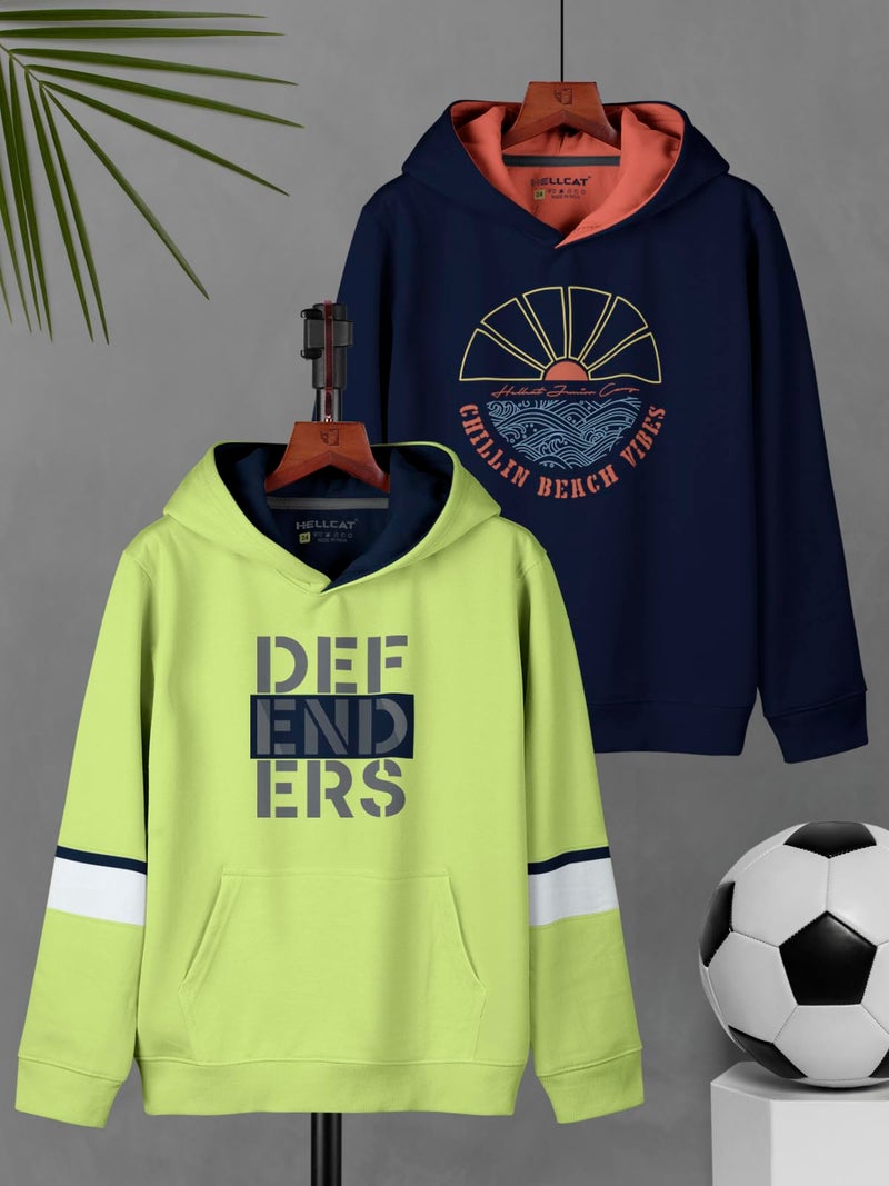 HELLCAT Printed Cotton Blend Hooded Neck Regular Hoodie Sweatshirt for Boys - Pack of 2 Green/Navy Blue 3-4 Years - Image 2