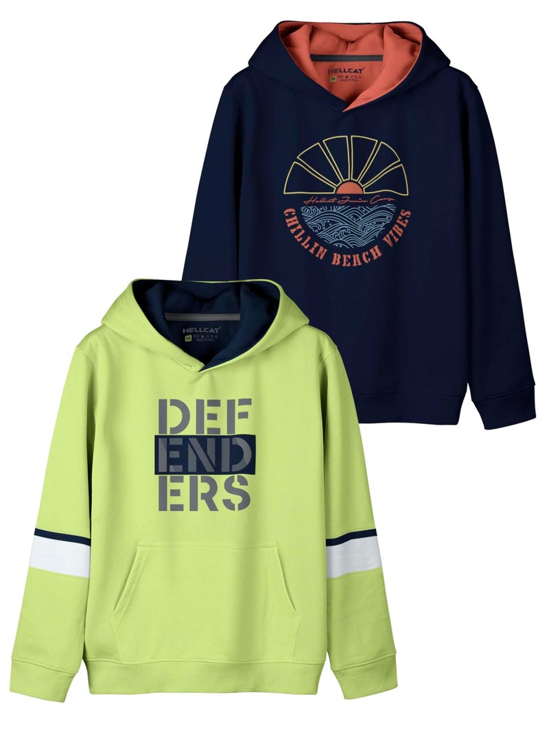 HELLCAT Printed Cotton Blend Hooded Neck Regular Hoodie Sweatshirt for Boys - Pack of 2 Green/Navy Blue 3-4 Years - Image 1