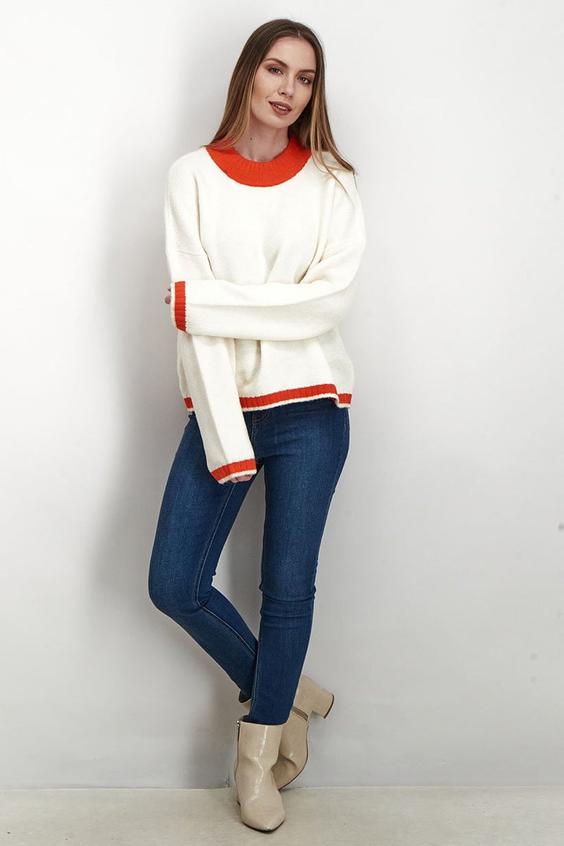 Tchibo Women Crew Neck Long Sleeve Textured Sweater, Ivory - Image 3