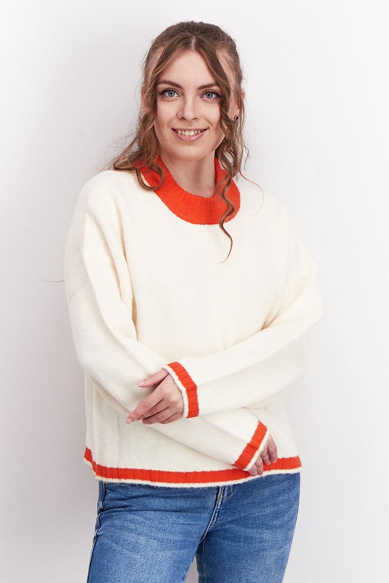 Tchibo Women Crew Neck Long Sleeve Textured Sweater, Ivory - Image 1