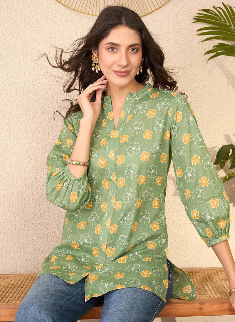 ZERESOUQ Green Cotton Blend Floral Printed Tunic Only