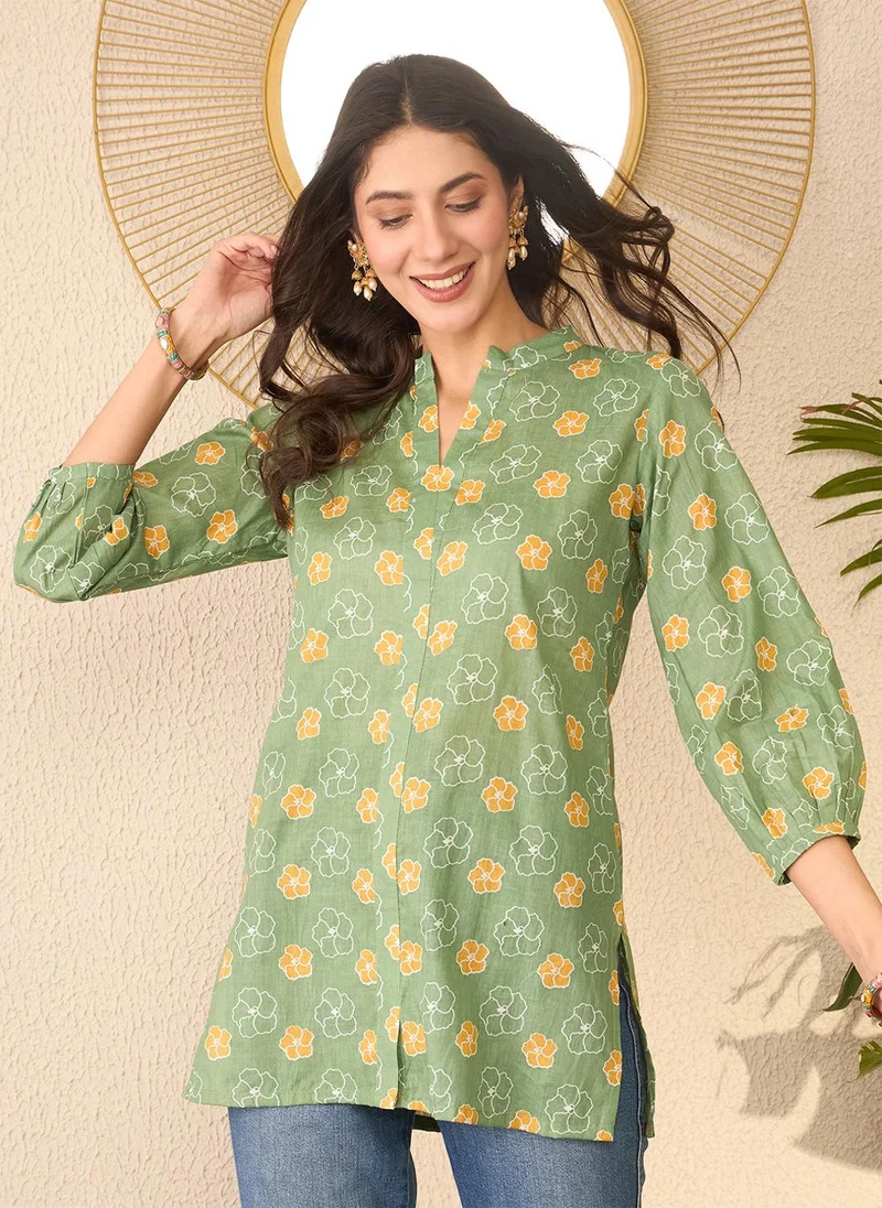 ZERESOUQ Green Cotton Blend Floral Printed Tunic Only