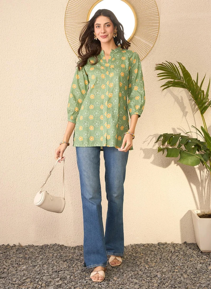 ZERESOUQ Green Cotton Blend Floral Printed Tunic Only