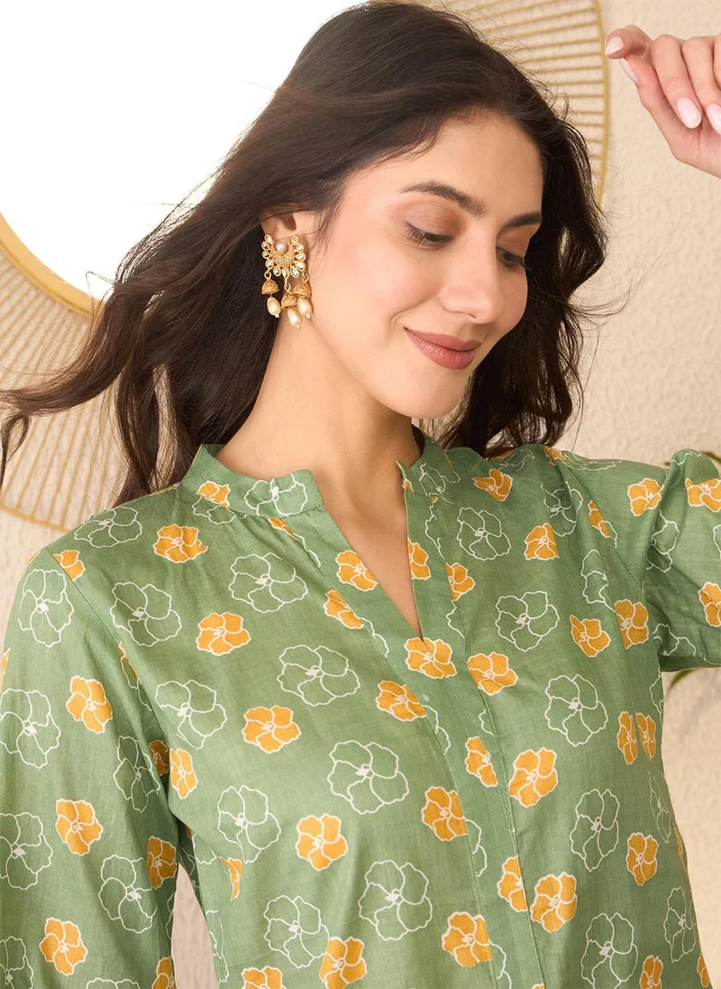 ZERESOUQ Green Cotton Blend Floral Printed Tunic Only
