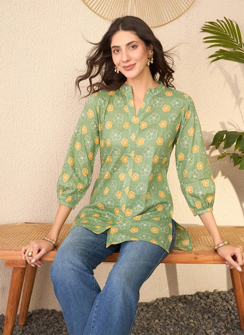 ZERESOUQ Green Cotton Blend Floral Printed Tunic Only