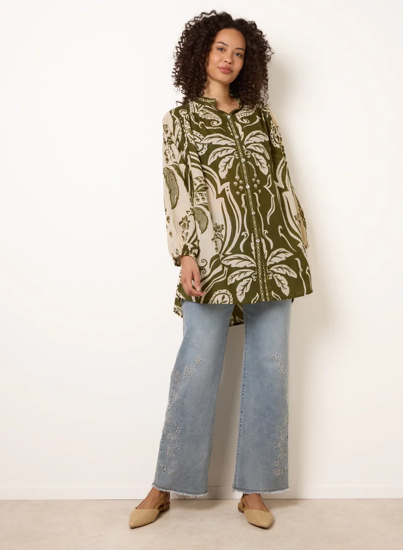 بلو فانيلا Tropical Metallic Oversized Shirt