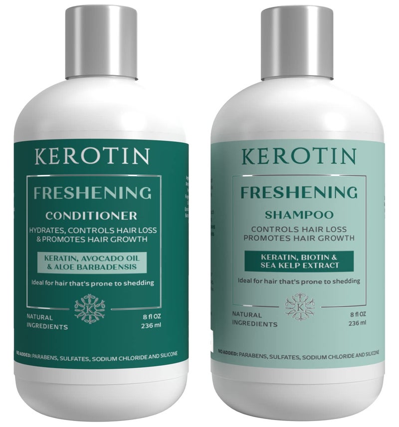 Kerotin Hair Growth Shampoo and Conditioner Set, Products for Scalp Care, Hair Loss & Thinning Hair with Rosemary Oil, Biotin & Keratin, Curly Girl Method Verified, Natural, Sulfate Free, Made in USA - Image 1