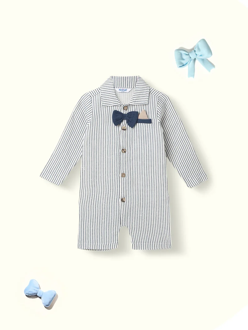 Nautinati Boys’ Striped Romper | Bow at Placket |Collar Neck Romper for 0-2 Years